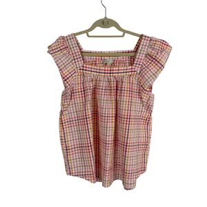 Ann Taylor LOFT Ruffle Blouse Large Vichy Check Seersucker  Cottagecore Prairie